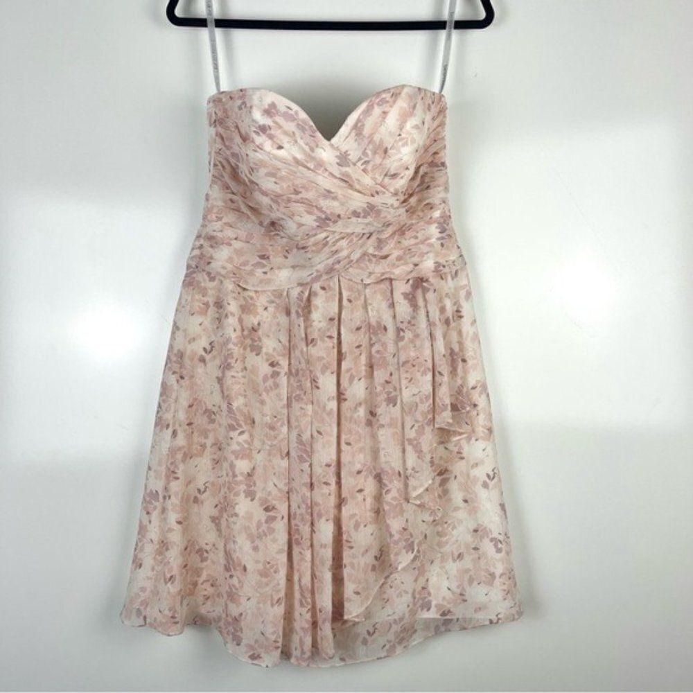 David's Bridal Strapless Floral Chiffon Mini Dress Women's Size 10 Crinkle Pink